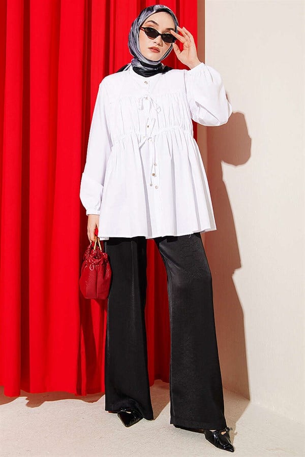 Stone Buttoned Drawstring Shirt White
