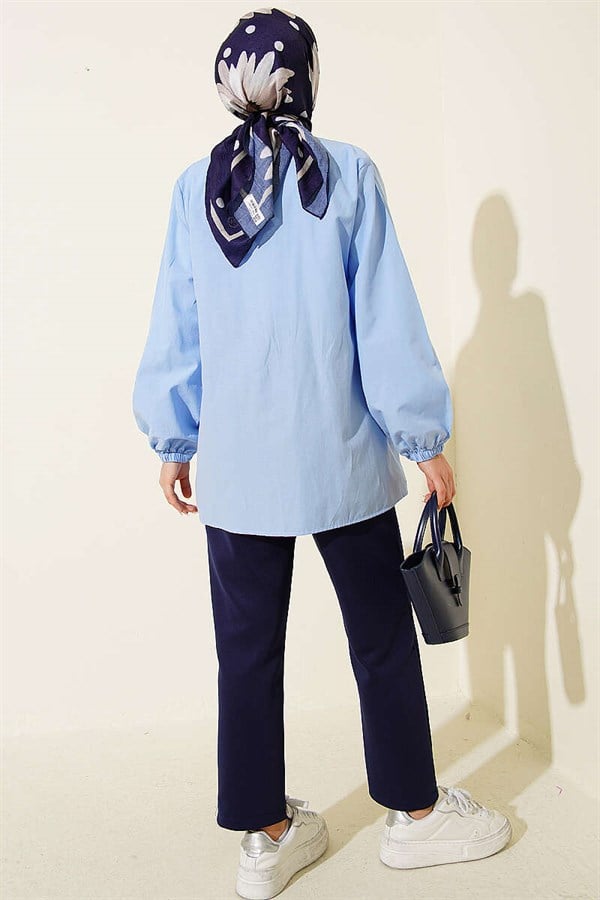 Stone Buttoned Drawstring Shirt Blue