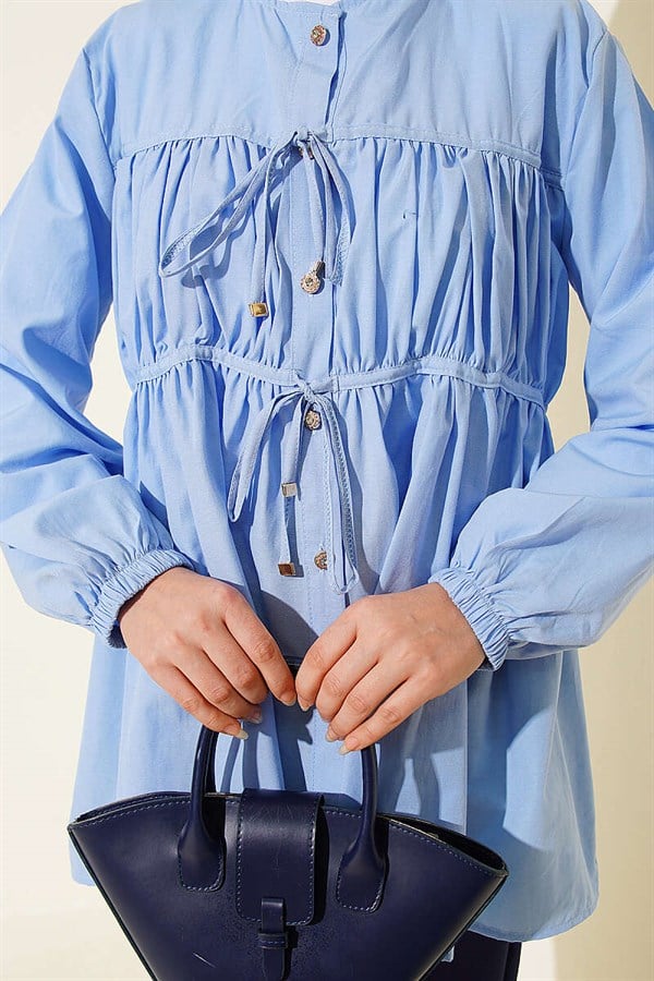 Stone Buttoned Drawstring Shirt Blue