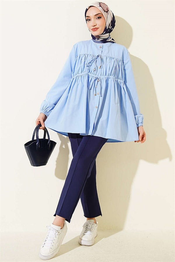 Stone Buttoned Drawstring Shirt Blue
