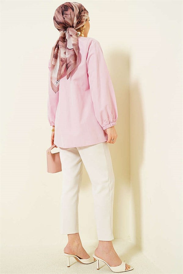 Pink Shirt with Stone Buttons and Tie Closure