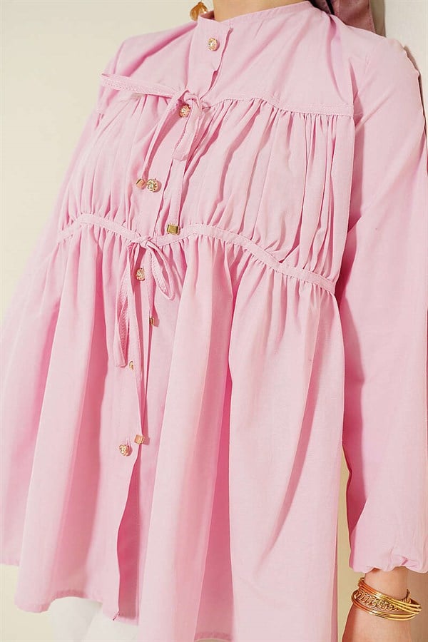 Pink Shirt with Stone Buttons and Tie Closure