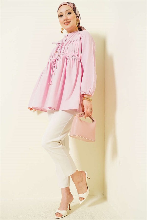 Pink Shirt with Stone Buttons and Tie Closure