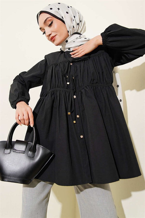 Stone Buttoned Drawstring Shirt Black
