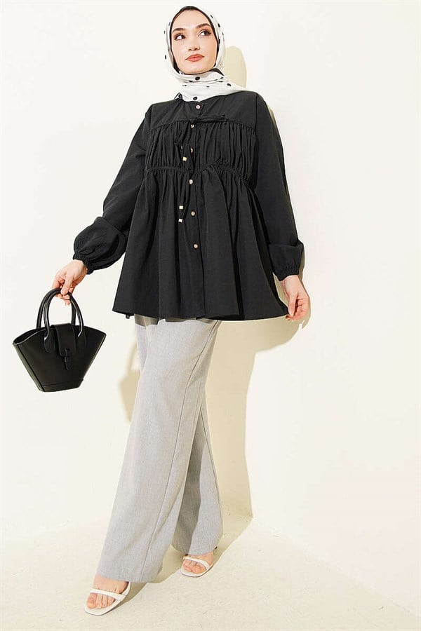 Stone Buttoned Drawstring Shirt Black