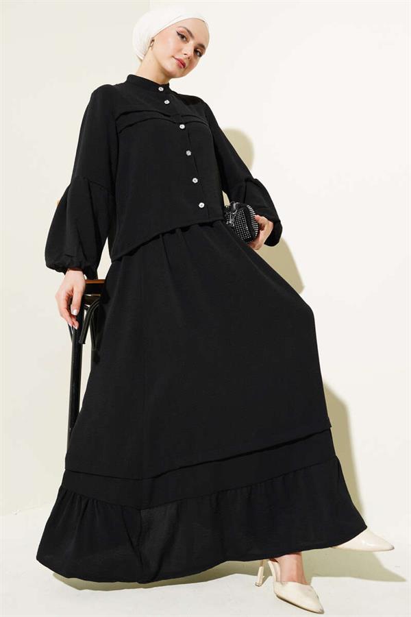 Stone Buttoned Flounce Skirted 2 Piece Set Black