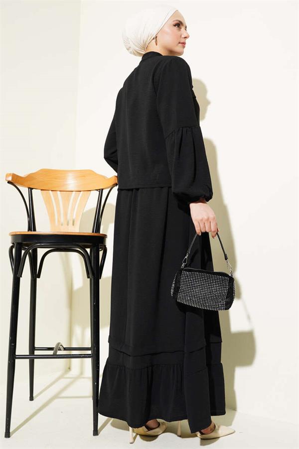 Stone Buttoned Flounce Skirted 2 Piece Set Black