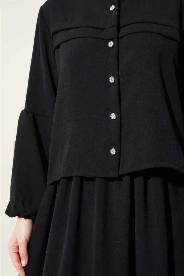 Stone Buttoned Flounce Skirted 2 Piece Set Black