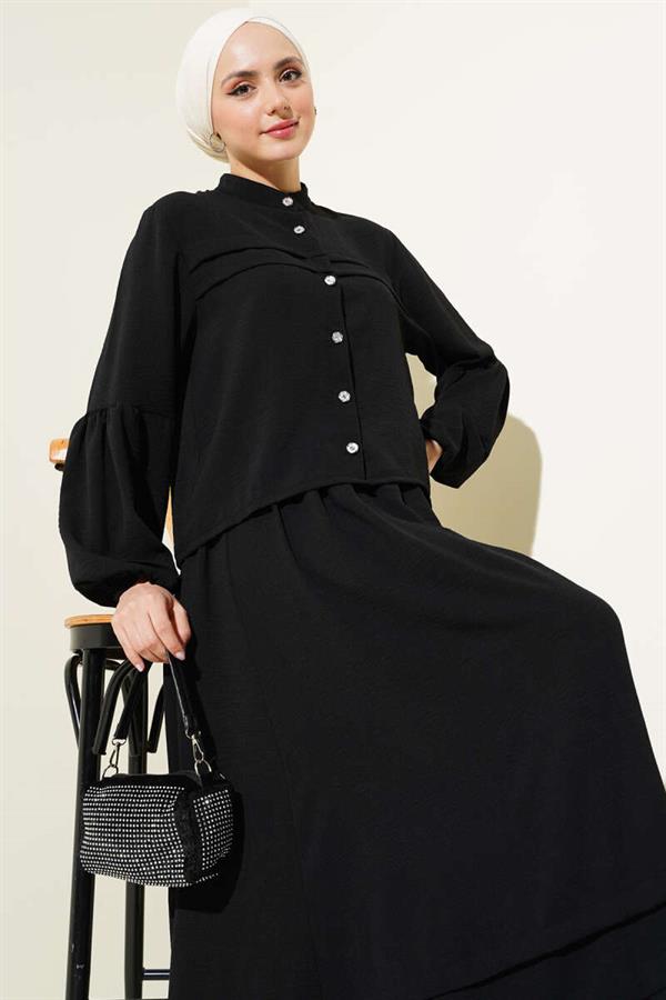 Stone Buttoned Flounce Skirted 2 Piece Set Black