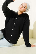 Soft Knitwear Short Cardigan with Stone Buttons, Black