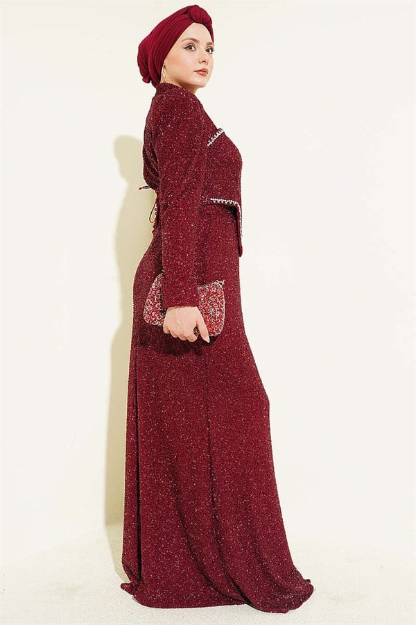 Stone Embellished Evening 2 Piece Set in Burgundy