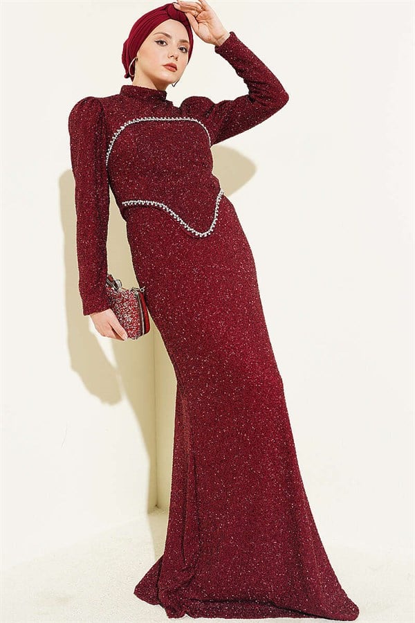 Stone Embellished Evening 2 Piece Set in Burgundy