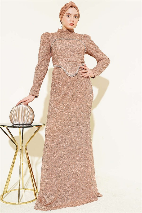 Stone Embellished Evening Dress 2 Piece Set Gold