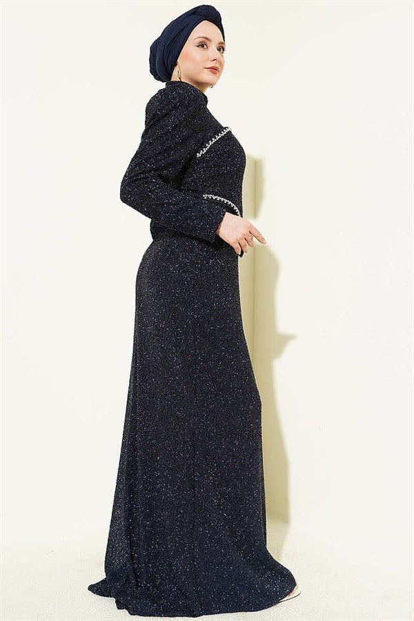 Stone Embellished Evening Dress 2 Piece Set, Navy Blue