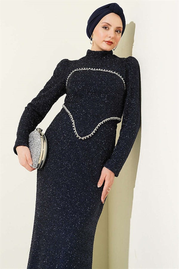 Stone Embellished Evening Dress 2 Piece Set, Navy Blue