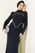 Stone Embellished Evening Dress 2 Piece Set, Navy Blue