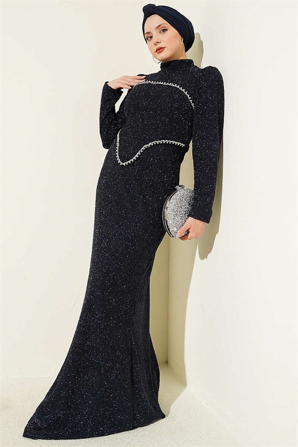 Stone Embellished Evening Dress 2 Piece Set, Navy Blue