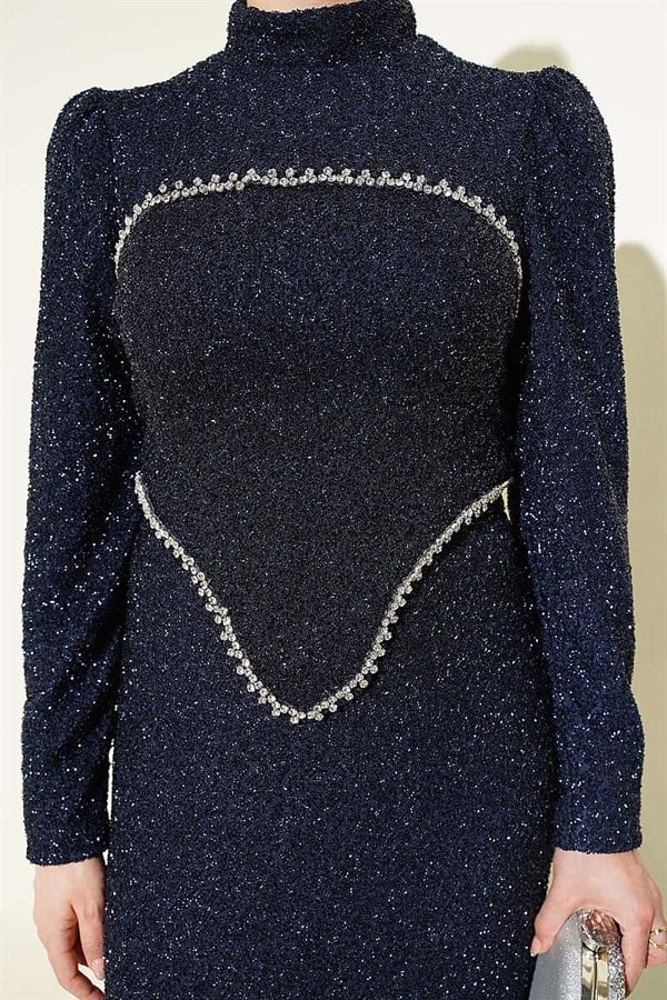 Stone Embellished Evening Dress 2 Piece Set, Navy Blue