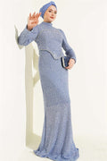 Stone Embellished Evening Dress 2 Piece Set, Blue