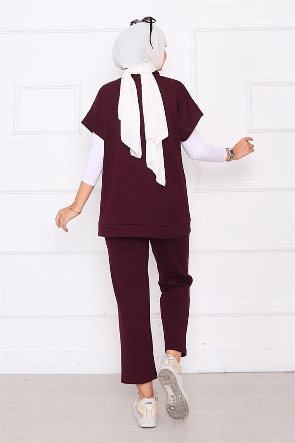 Stone Embroidered Zippered Vest Set Burgundy