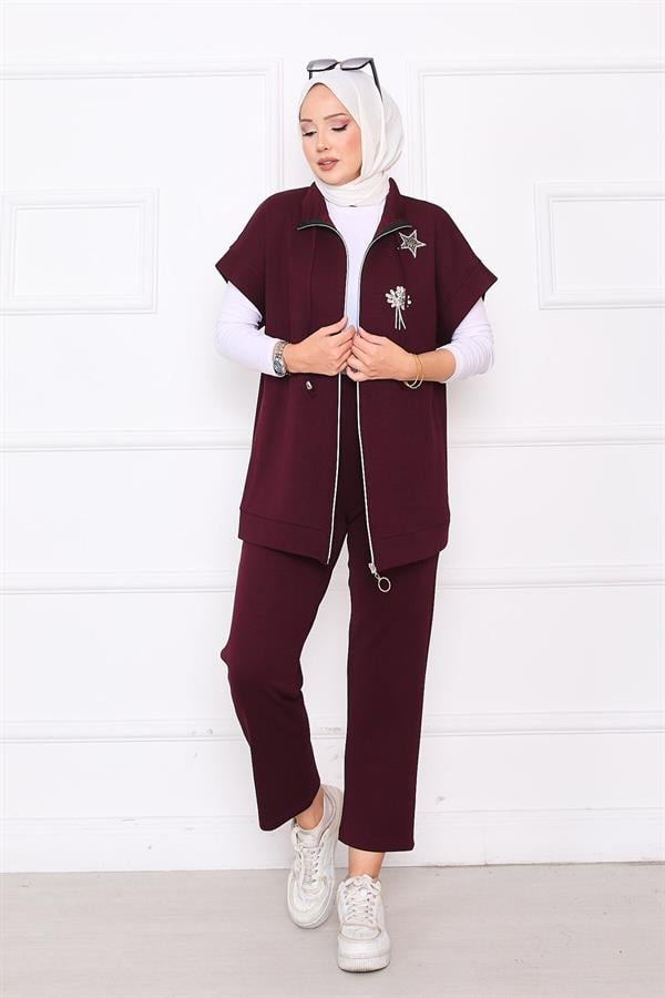 Stone Embroidered Zippered Vest Set Burgundy