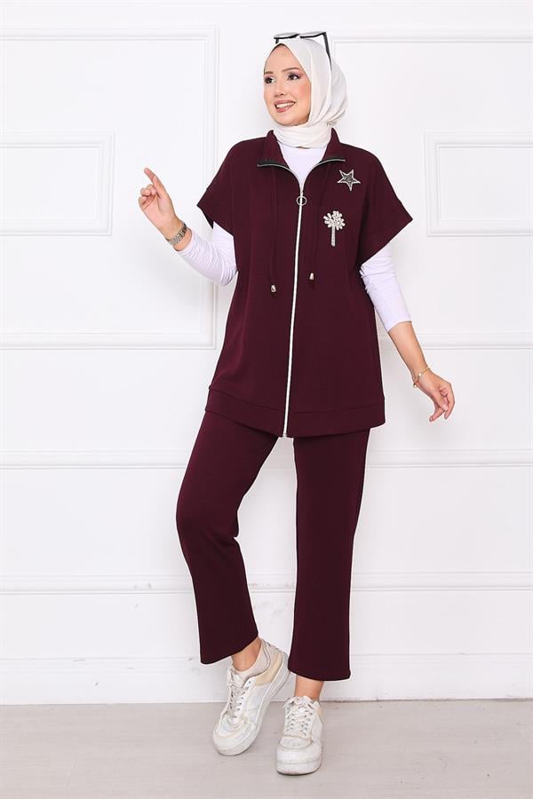 Stone Embroidered Zippered Vest Set Burgundy