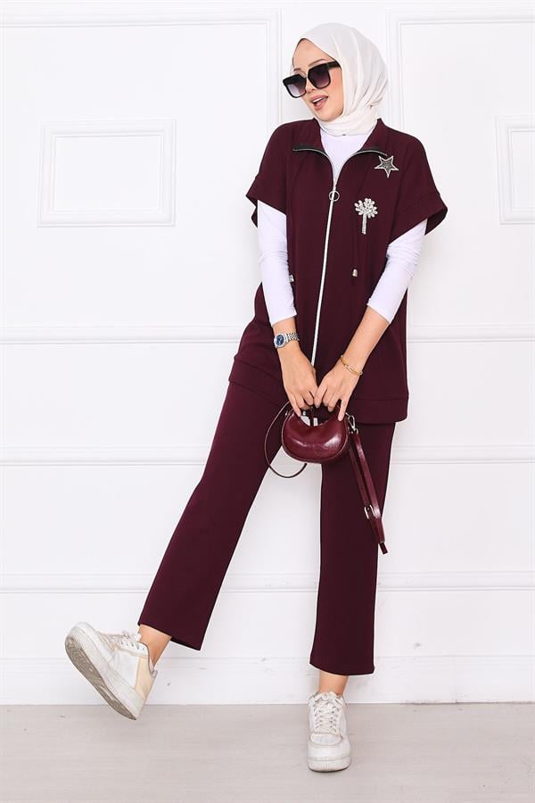 Stone Embroidered Zippered Vest Set Burgundy