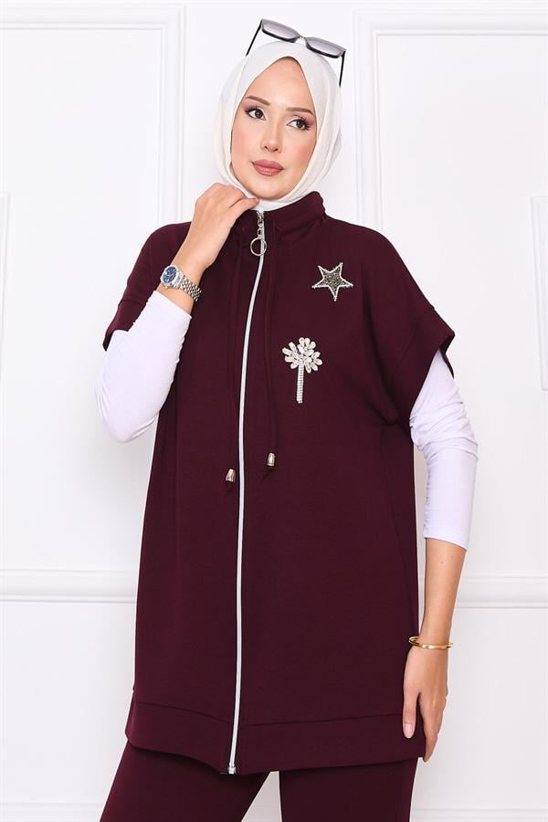 Stone Embroidered Zippered Vest Set Burgundy