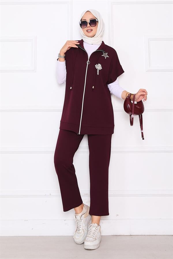 Stone Embroidered Zippered Vest Set Burgundy