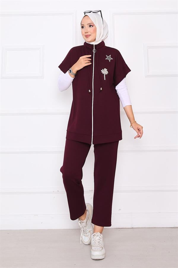 Stone Embroidered Zippered Vest Set Burgundy