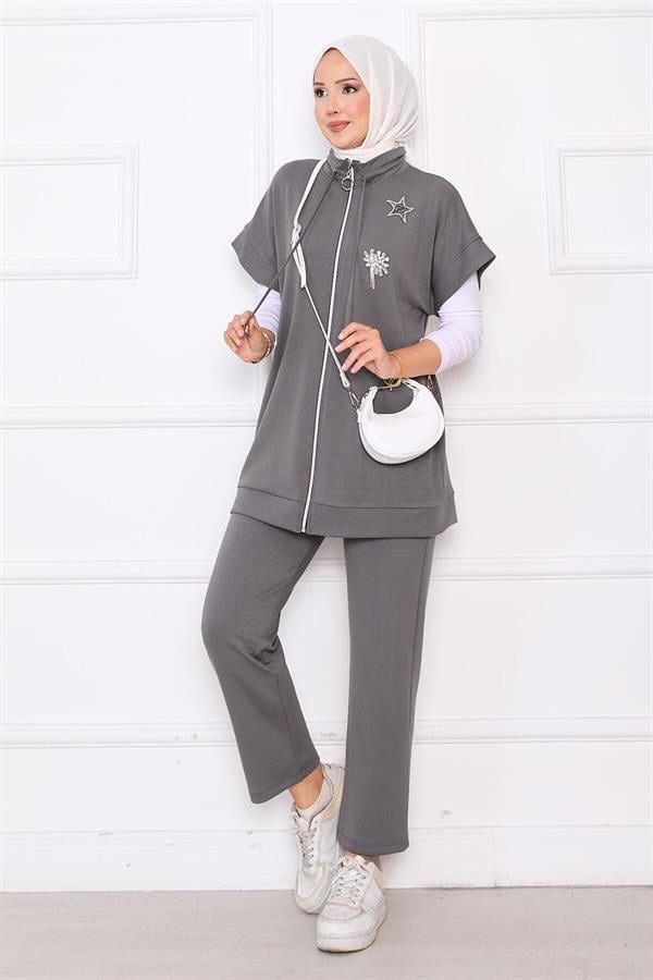 Stone Embroidered Zippered Vest Set Gray