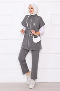 Stone Embroidered Zippered Vest Set Gray