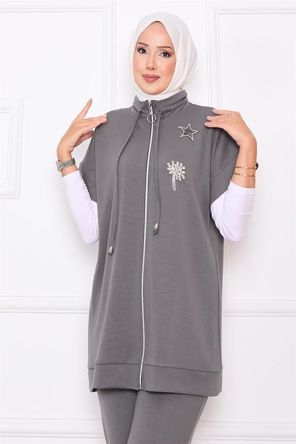 Stone Embroidered Zippered Vest Set Gray