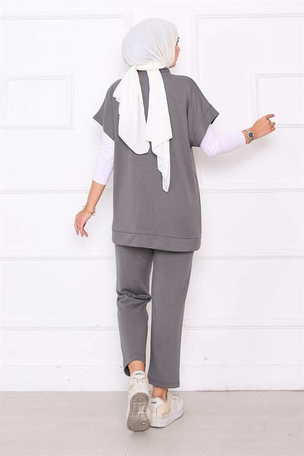 Stone Embroidered Zippered Vest Set Gray