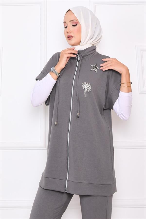 Stone Embroidered Zippered Vest Set Gray