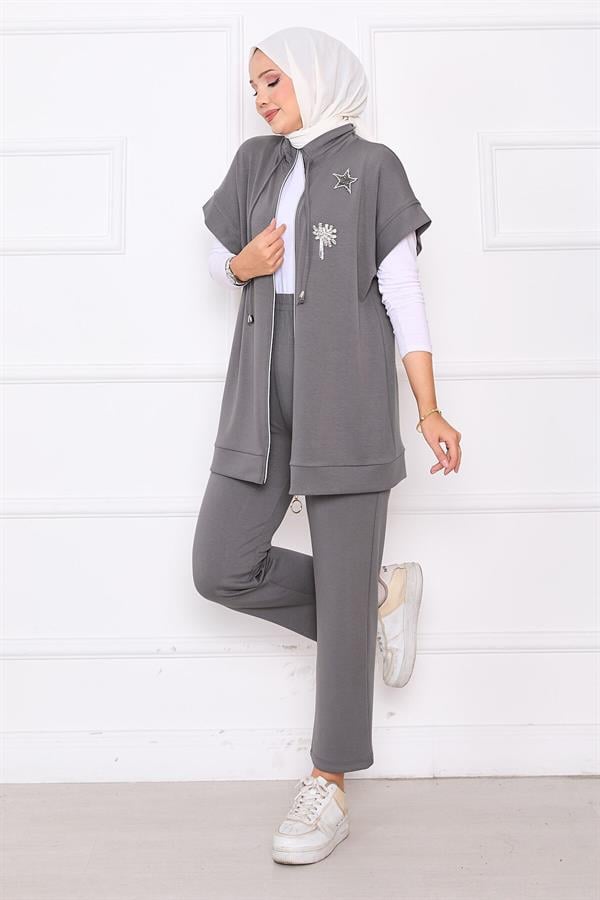Stone Embroidered Zippered Vest Set Gray