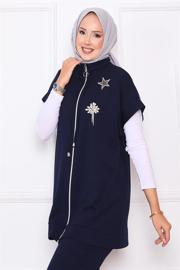 Stone Embroidered Zippered Vest Set Navy Blue