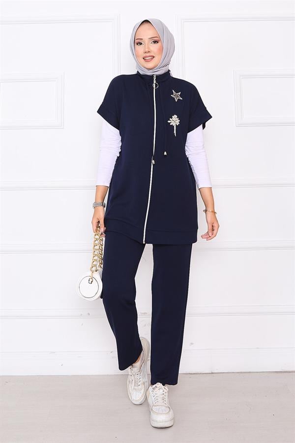 Stone Embroidered Zippered Vest Set Navy Blue