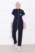 Stone Embroidered Zippered Vest Set Navy Blue