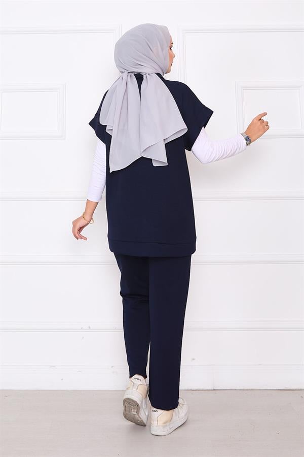 Stone Embroidered Zippered Vest Set Navy Blue
