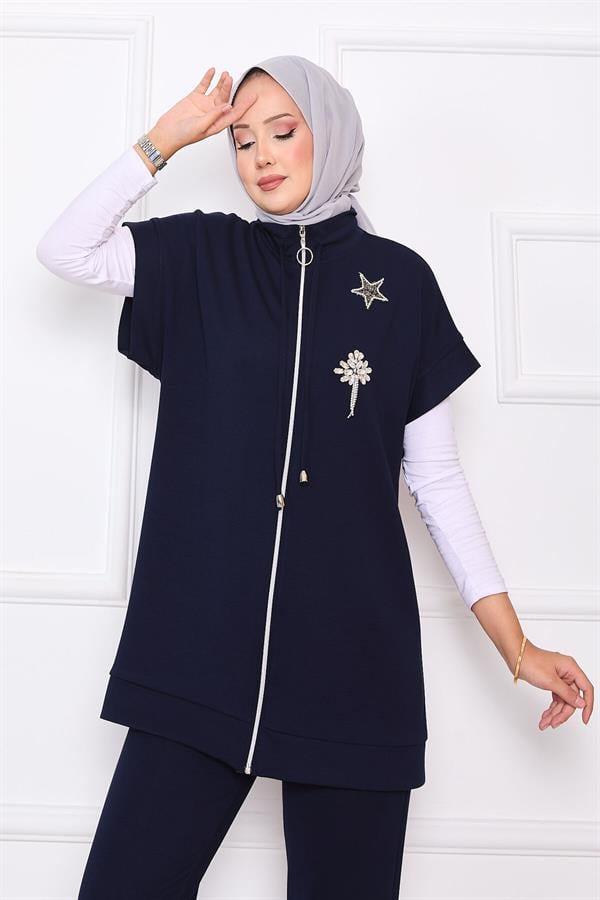 Stone Embroidered Zippered Vest Set Navy Blue