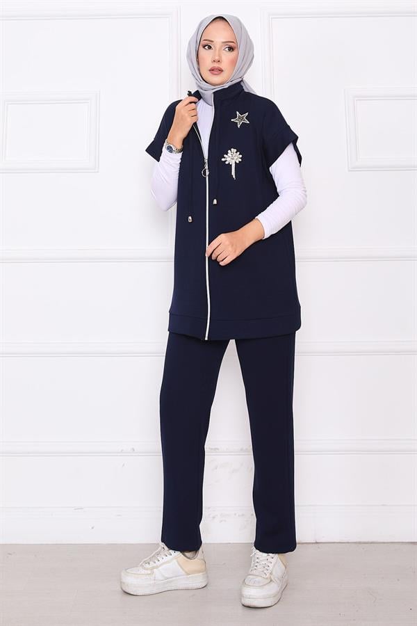 Stone Embroidered Zippered Vest Set Navy Blue