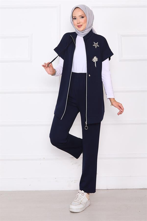 Stone Embroidered Zippered Vest Set Navy Blue