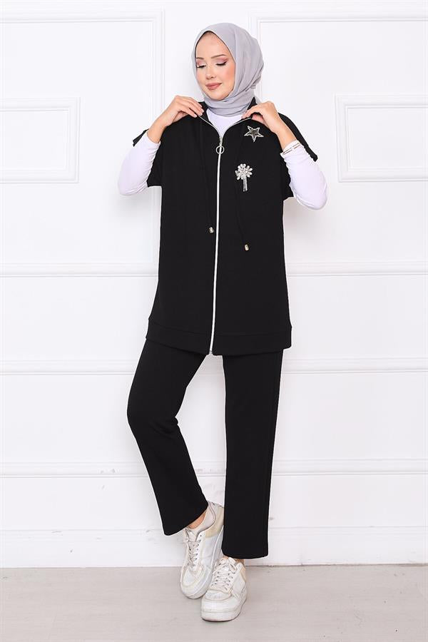 Stone Embroidered Zippered Vest Set Black