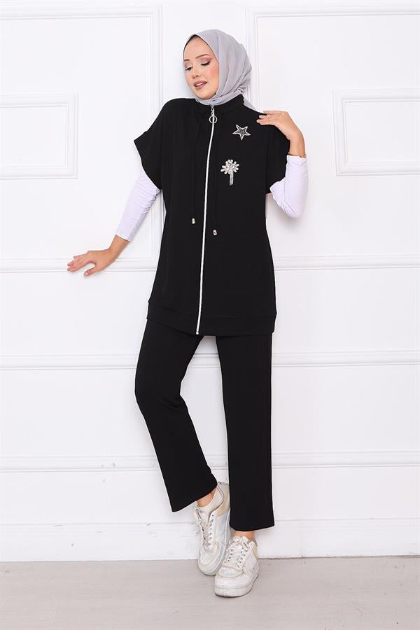 Stone Embroidered Zippered Vest Set Black