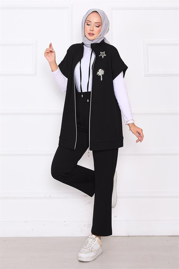 Stone Embroidered Zippered Vest Set Black