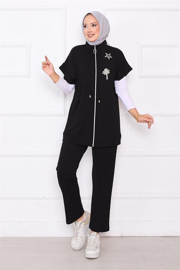 Stone Embroidered Zippered Vest Set Black