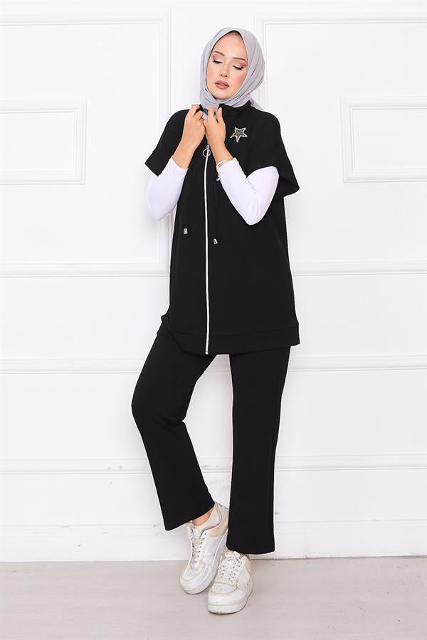 Stone Embroidered Zippered Vest Set Black