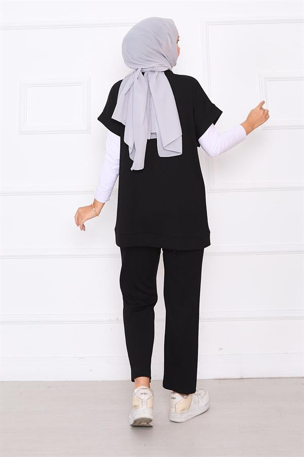 Stone Embroidered Zippered Vest Set Black