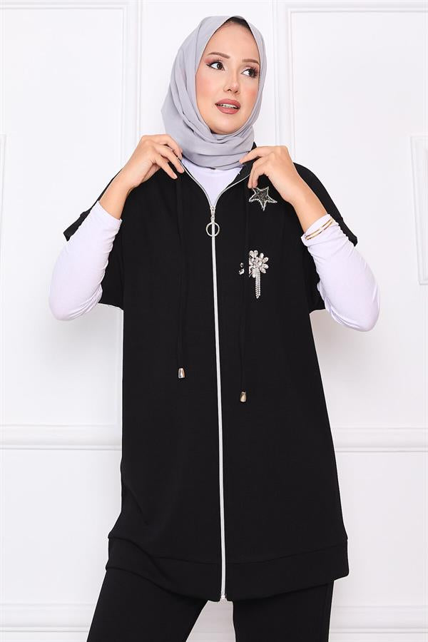 Stone Embroidered Zippered Vest Set Black